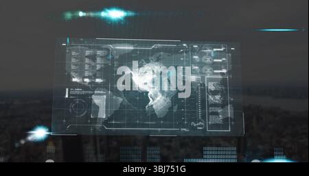 Projecting holographic world map display over skyline at dusk, with data panels and grid overlay Stock Photo