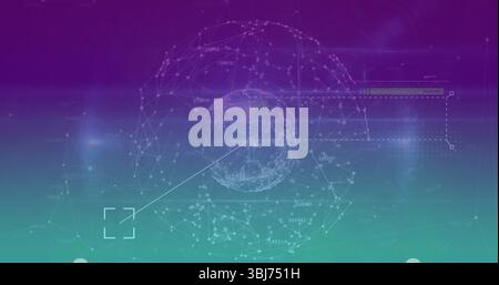 Displaying central wireframe globe rotating on dashboard, with dashed UI overlays and node clusters Stock Photo