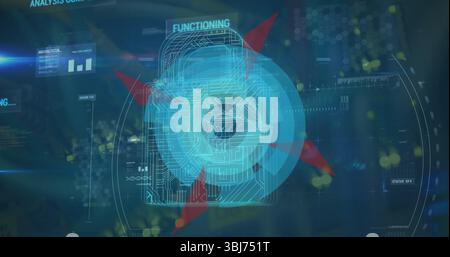 Displaying holographic grids with padlock icon floating over virtual interface, with data panels Stock Photo