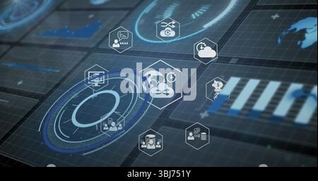 Composition of network of connections with icons over computer circuit board Stock Photo