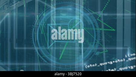 Displaying translucent envelope data graphic showing racks with LED lights in data center aisles Stock Photo