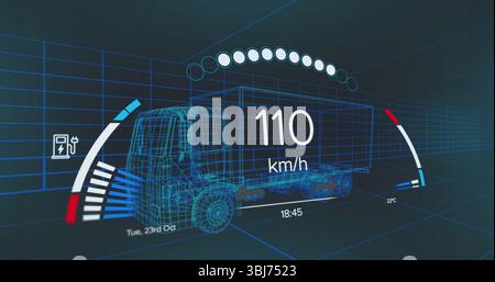 Projecting blue wireframe cargo truck model rotating in 3D grid, with speed and energy gauges Stock Photo