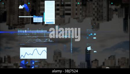Displaying floating UI panels over city skyline with line graph, pie charts, bar chart, neon lines Stock Photo