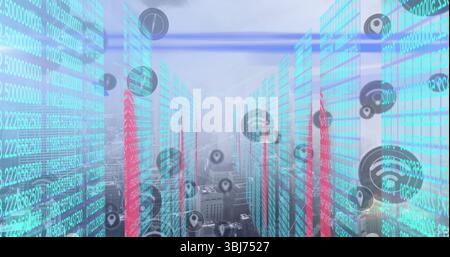 Data overlay rising over downtown rooftops, with translucent cyan-red columns and map-pin icons Stock Photo