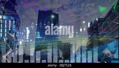 Data overlay spanning urban skyline at dusk, with stock charts, network ...