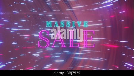 Flashing neon typography displaying MASSIVE SALE in abstract digital background, with light streaks Stock Photo