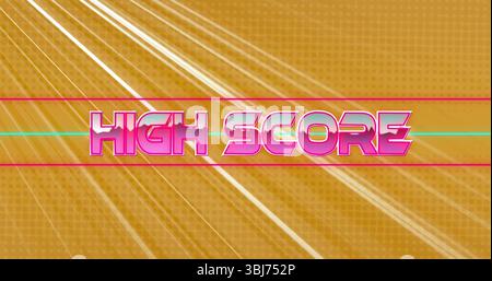 Displaying vibrant retro arcade graphic featuring HIGH SCORE block on gaming screen, with teal bar Stock Photo