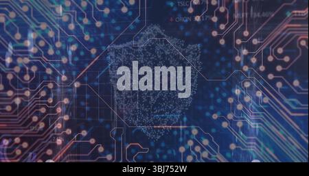 Floating white data polygon pulsing on virtual control panel, with glowing orbs and circuit traces Stock Photo
