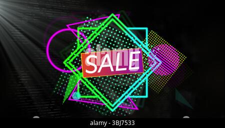Displaying neon geometric outlines overlapping on dark stage, featuring gradient SALE rectangle Stock Photo