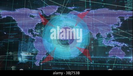 Displaying blue radar overlay scanning world map in interface, with red pointers and network lines Stock Photo