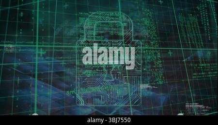 Displaying stylized digital padlock hovering on dark grid, with circuit pattern and binary code Stock Photo