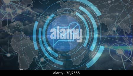 Displaying stylized envelope icon glowing within concentric digital rings over world map interface Stock Photo