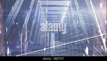 Displaying central corridor of server racks lining data center, with LEDs and grid formulas overlay Stock Photo