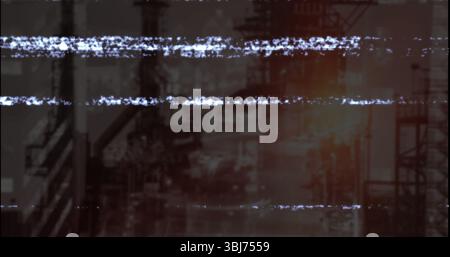 Glitching machinery silhouettes merging with digital noise in port yard, with cranes and towers Stock Photo