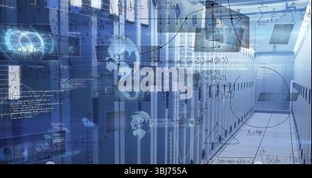 Walking central aisle displaying floating equations, data graphs at data center, with server racks Stock Photo
