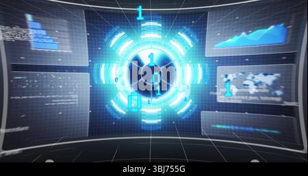 Animating holographic circular interface with binary digits and panels over floor in control center Stock Photo