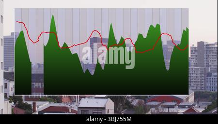 Displaying translucent chart overlay spanning rooftop view, with green areas, red line, grid lines Stock Photo