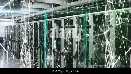 Displaying centered server cabinets illuminating status LEDs in server room aisle, network overlays Stock Photo