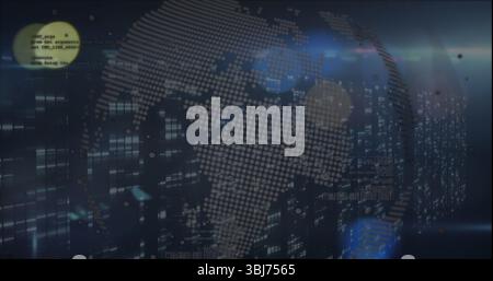 Rotating 3D globe displaying dotted world map in virtual data space, with floating code snippets Stock Photo