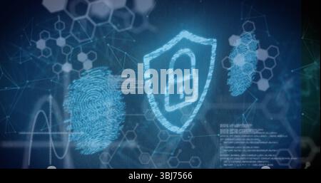 Displaying chalk-style shield with padlock on virtual security interface, with fingerprint patterns Stock Photo