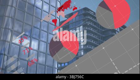 Displaying two red grey pie charts overlaying business district, with world map labels grid lines Stock Photo