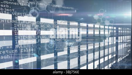 Illuminating server racks streaming data lines at digital data center, with code overlays Stock Photo