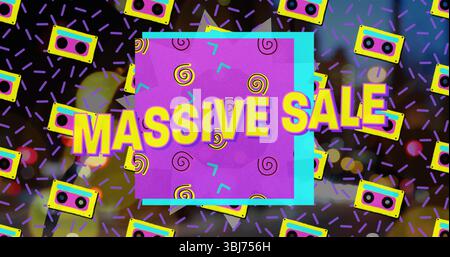 Showing neon-framed purple square displaying MASSIVE SALE in 80s ad, with cassette tapes, sprinkles Stock Photo