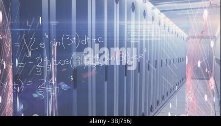 Server cabinets lining data center hall, projecting digital overlay of equations and network nodes Stock Photo