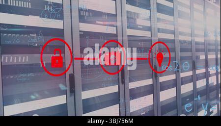 Connecting red security icons by red line over server rack cabinets in data center, with formulas Stock Photo