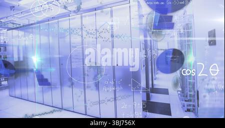 Server cabinets displaying blinking LED indicators in data center corridor, with holographic charts Stock Photo