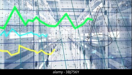 Displaying data center corridor featuring server racks and LED lights, formula grid and neon graphs Stock Photo