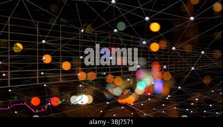 Displaying 3D grid of white nodes and thin lines on dark background, with financial line chart Stock Photo