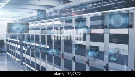 Lining server cabinets displaying holographic data in data center aisle, with network cables Stock Photo