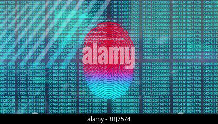 Displaying digital fingerprint graphic pulsing on computer screen, with green numeric code streams Stock Photo