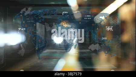 Displaying digital world map projection on glass corridor wall, with hex grid nodes and data lines Stock Photo