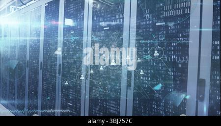 Displaying glass server cabinets projecting binary code and network icons with LEDs in server room Stock Photo