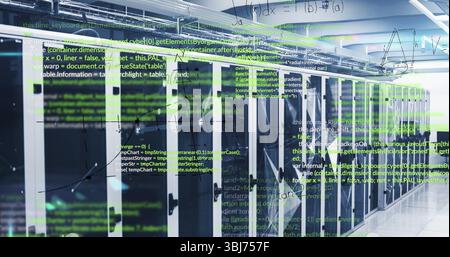 Displaying server racks processing data in modern data center, with network cables and code overlay Stock Photo