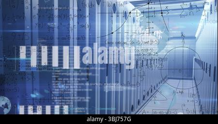 Visualizing server racks glowing under blue lights in data center corridor, with equations overlay Stock Photo