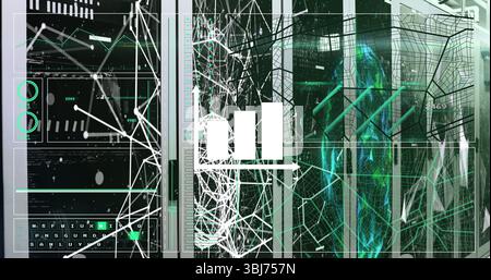 Displaying mesh figure floating in datacenter, with panels showing charts, server racks, copy space Stock Photo