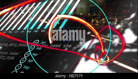 Abstract graphic overlaying cityscape, showing May–Oct bars, Jan–May grid, neon loops, aqua circle Stock Photo
