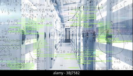 Shining fluorescent fixtures illuminating data center corridor, with server racks and code overlays Stock Photo