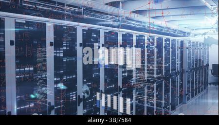 Glowing server racks displaying blinking LED lights in data center corridor, with network cables Stock Photo