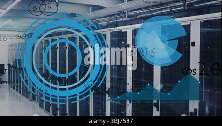 Displaying server racks showing analytics overlays in data center corridor, with data visuals Stock Photo