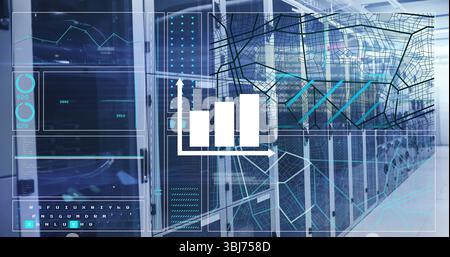 Displaying server racks projecting AR data overlays in data center, with bar chart and network map Stock Photo
