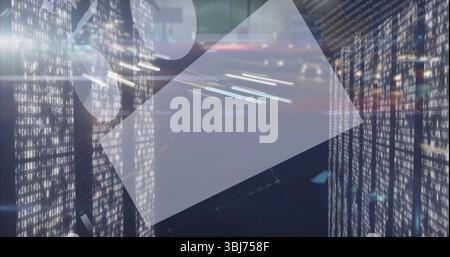 Moving clear trapezoid floating on grid plane in network space with binary panels and light trails Stock Photo