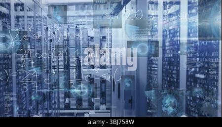 Central server rack cabinet standing in data center aisle, with floating math equations Stock Photo