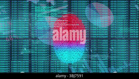 Displaying multicolored fingerprint floating over green numeric data columns on computer screen Stock Photo