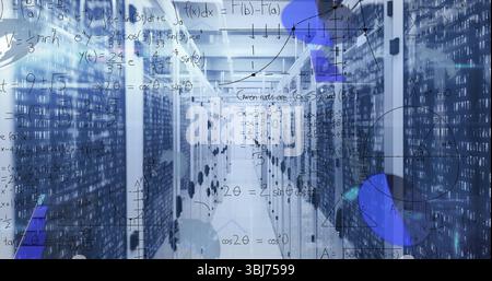 Showcasing central corridor running between server racks on raised floor tiles, floating equations Stock Photo