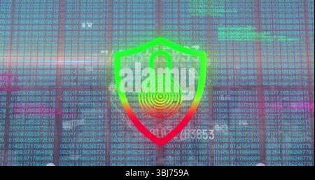 Glowing neon-gradient shield icon showing padlock hovering over data dashboard, with scrolling code Stock Photo