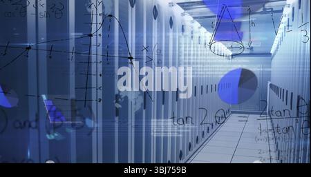 Displaying central server rack corridor in server room, with LED lights and math graph overlays Stock Photo